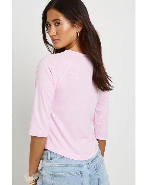Boohoo Pink Slub 3/4 Sleeve Curved Hem Top