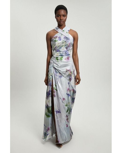 Karen Millen White Printed Metallic Floral Woven Maxi Dress