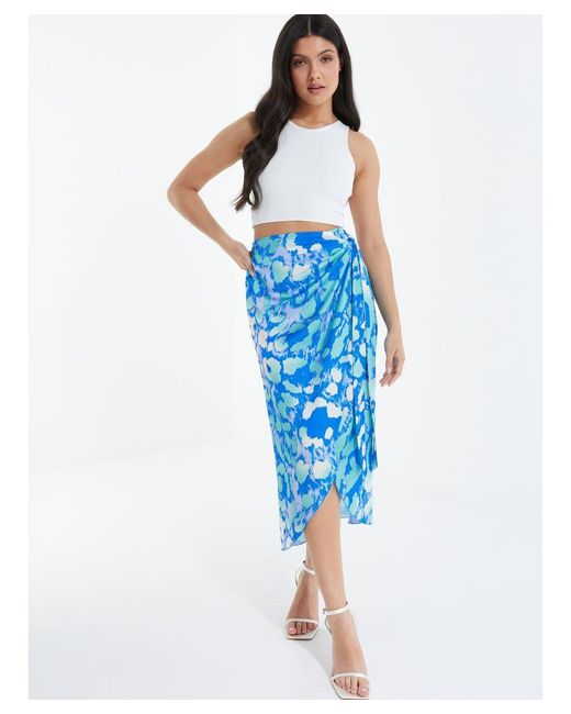 Quiz Blue Leopard Print Satin Wrap Midi Skirt
