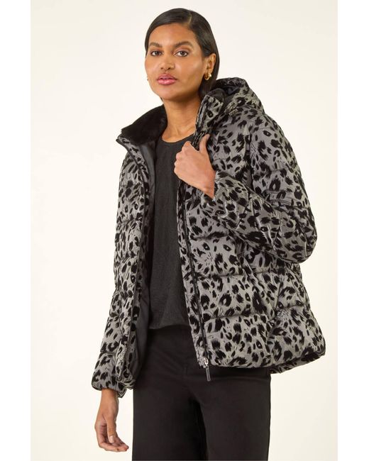Roman Black Animal Print Flocked Hooded Coat