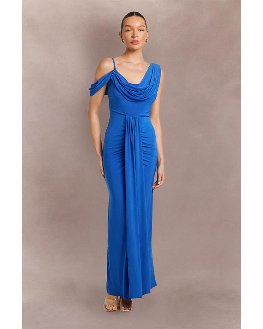 Boohoo Blue Double Layer Slinky Drape Front Cold Shoulder Maxi Dress