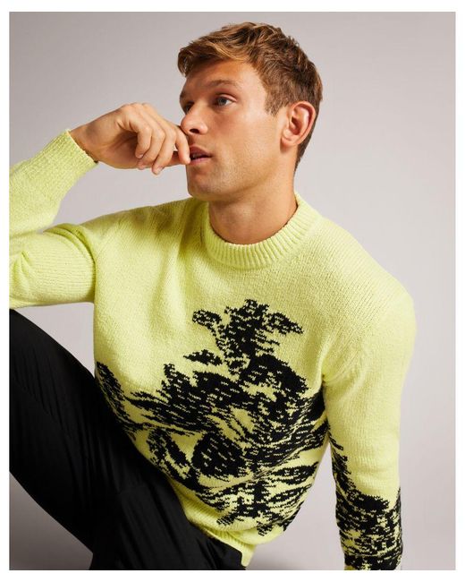 Ted Baker Yellow Unicon Long-Sleeved Floral Jacquard Crew Neck, Neon for men