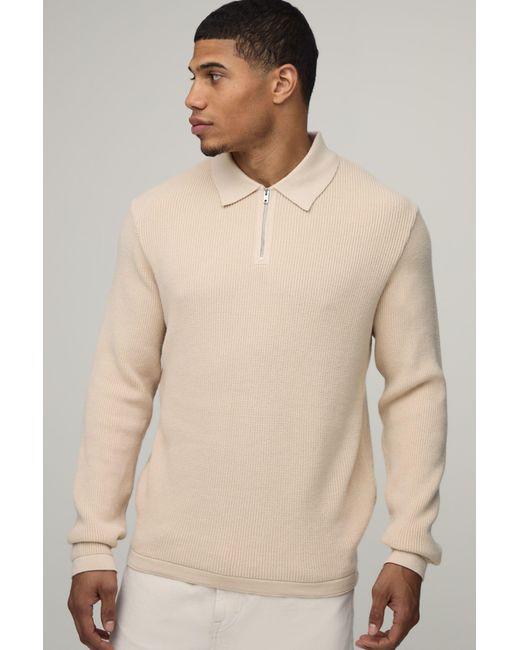BoohooMAN Natural Regular Fit Soft Touch Waffle 1/4 Zip Knitted Polo for men