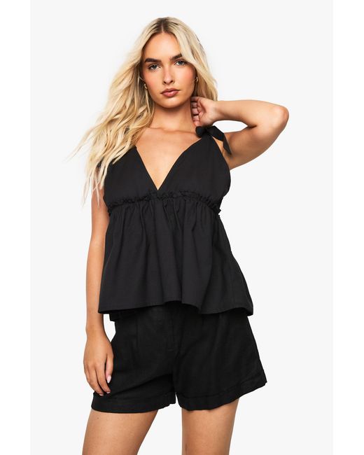 Boohoo Black Linen Tie Shoulder Cami
