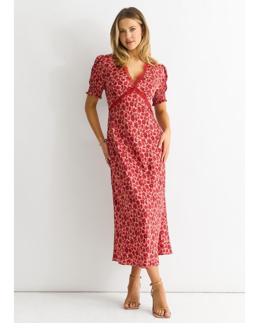 Gini London Red Floral Lace Trim V Neck Midi Dress