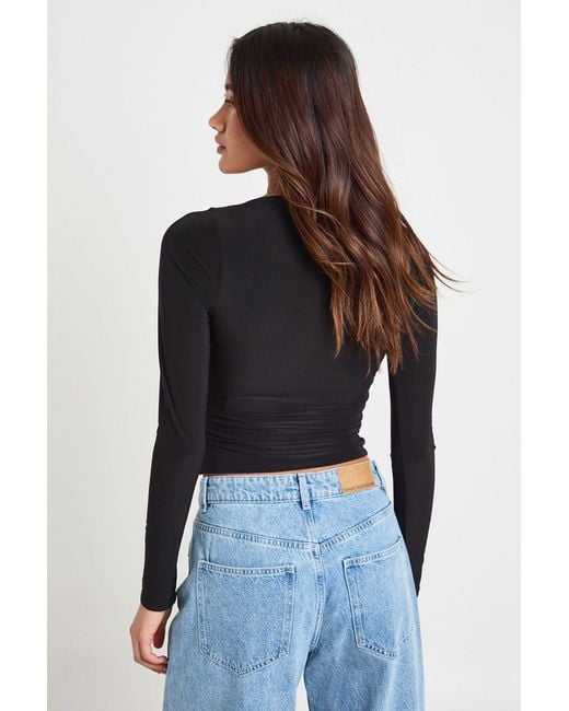 Boohoo Blue Key Hole Ruched Waist Long Sleeve Top