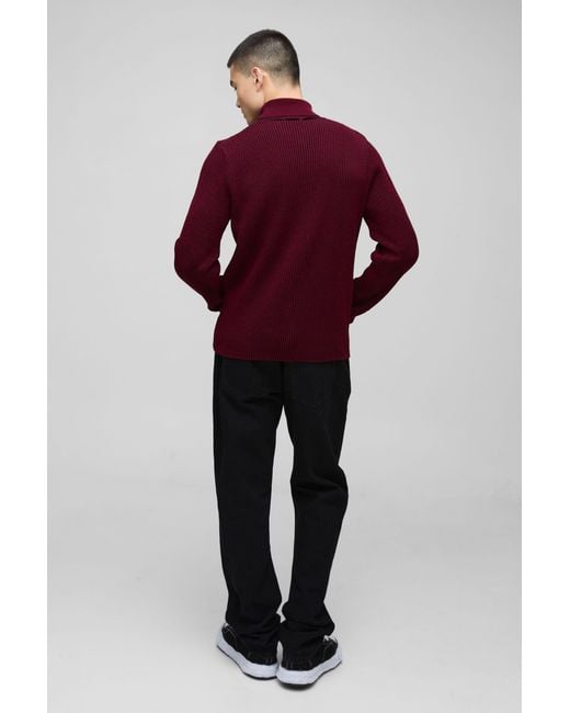 BoohooMAN Red Regular Fit Funnel Neck Plated Ribbed Knit Jumper for men