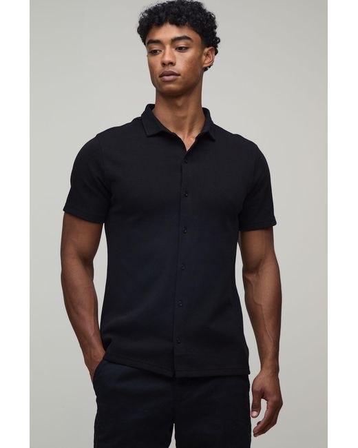 BoohooMAN Blue Slim Fit Pique Button Down Collar Jersey Shirt for men