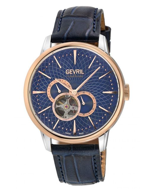 Gevril Gray Mulberry Ss Case,Rg Bezel, Dial With Embossed Textured, Genuine Italian Handmade Leather Strap for men