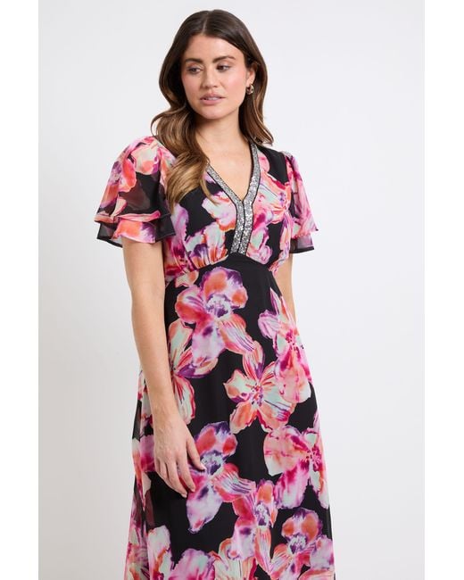 Wallis Pink Floral Chiffon Sequin Insert Midi Dress