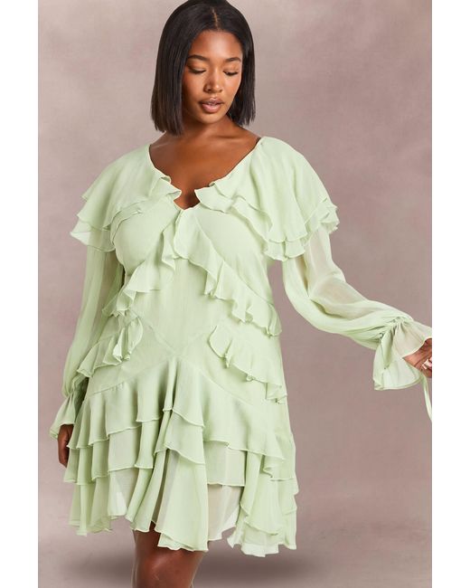 Boohoo Green Plus Chiffon Ruffle Mini Dress