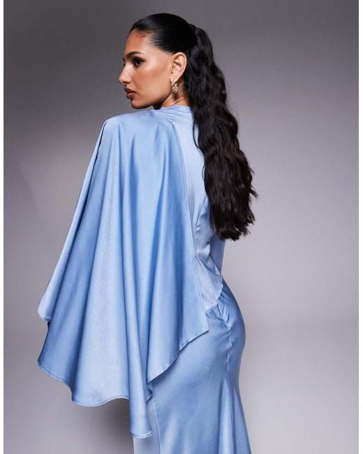 ASOS Blue Draped Satin Bias Maxi Dress With Scarf Overlay Detail