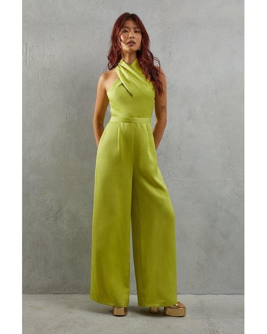 Warehouse Green Twist Neck Satin Wide Leg Jumpsuit