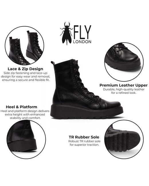 Fly London Black Leather Lace-Up Wedge Heel Combat Boots
