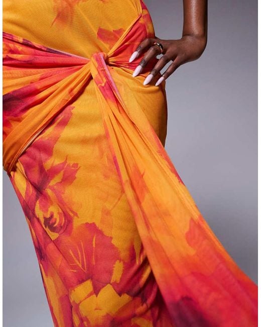 ASOS Orange One Shoulder Mesh Maxi Dress With Knotted Skirt Detailing