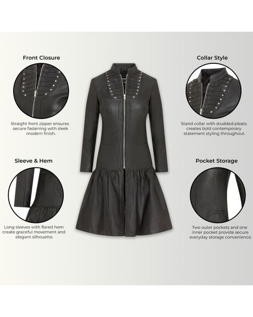 Infinity Leather Black Goth Victorian Studded Flare Coat- Ribet Lamb Leather