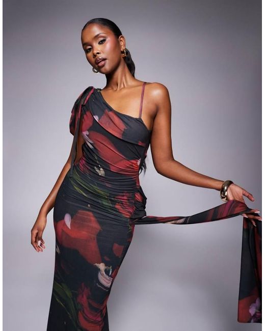 ASOS Gray Stretch Chiffon Asymmetric Drape Maxi Dress With Cowl Back And Sash Detail