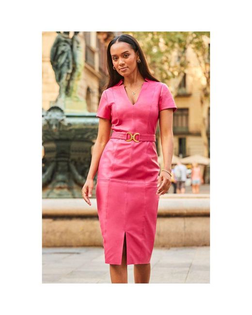 Sosandar Pink Luxe Leather Belted Dress