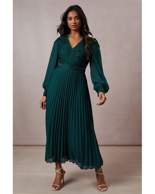 Oasis Green Occasion Floral Organza Pleated Midi Dress