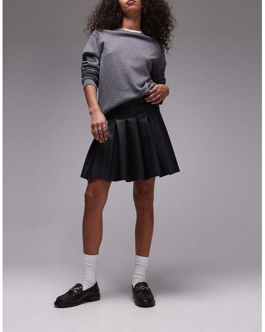 TOPSHOP Black Faux Leather Clean Pleat Mini Skirt