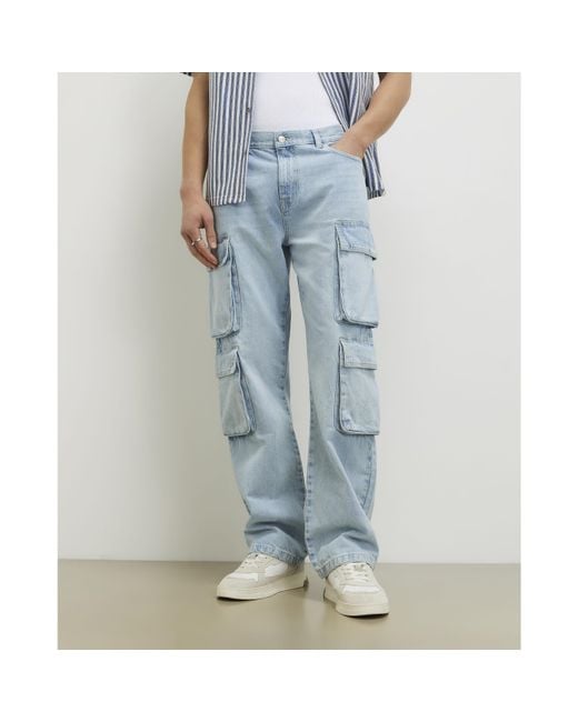 River Island Blue Cargo Jeans Loose Fit Cotton for men