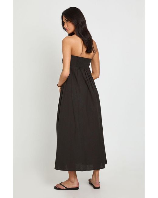 Boohoo Black Linen Bandeau Shirred Back Midaxi Dress
