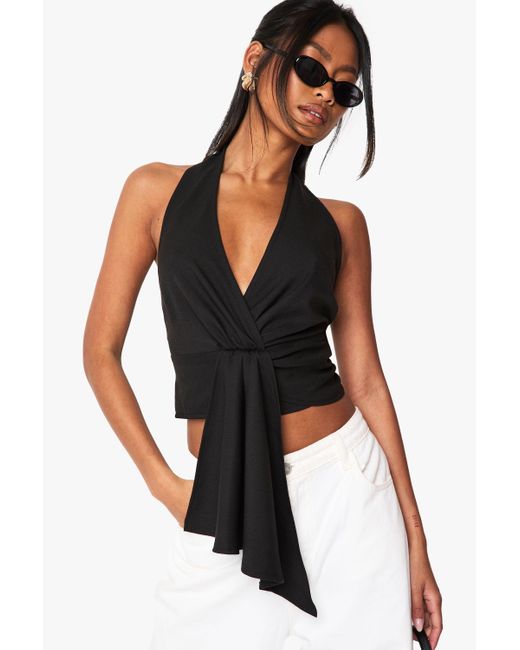 Boohoo Black Linen Halter Neck Knot Front Top