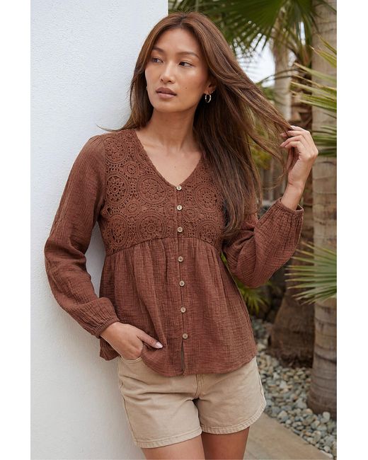 Roman Brown Crochet Button Up Blouse