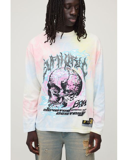 BoohooMAN Black Oversized Euphoric Tie Dye Faux Graphic Rhinestone Long Sleeve T-Shirt for men