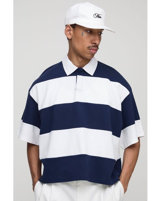 BoohooMAN Blue Oversized Boxy Stripe Interlock Short Sleeve Rugby Polo for men