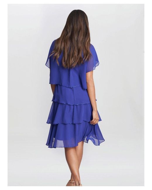 Gina Bacconi Blue Trysta Bugle Beaded Trim Tiered Dress