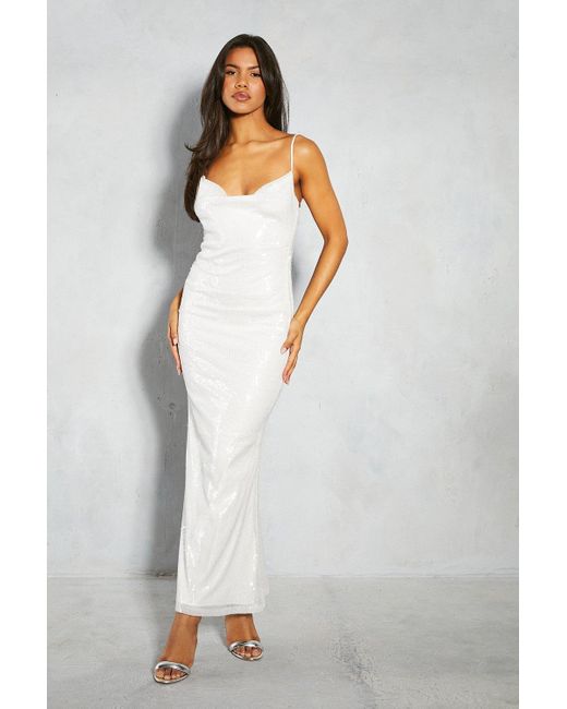 MissPap Sequin Cowl Neck Backless Maxi Slip Dress in White | Lyst UK