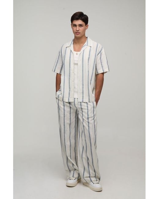 BoohooMAN Gray Lightweight Woven Gauze Stripe Oversized Shirt & Baggy Trouser Set for men