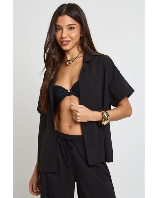 Boohoo Black Essentials Oversized Textured Short Sleeve Beach Shirt