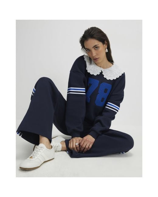 River Island Blue Sweatshirt Long Sleeve Collared Number Cotton