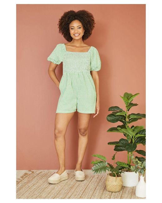 Yumi' Green Cotton Gingham Puff Sleeve Playsuit