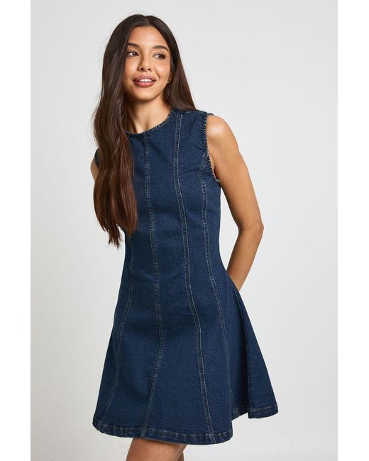 Boohoo Blue Sleeveless Seam Detail Denim Mini Dress