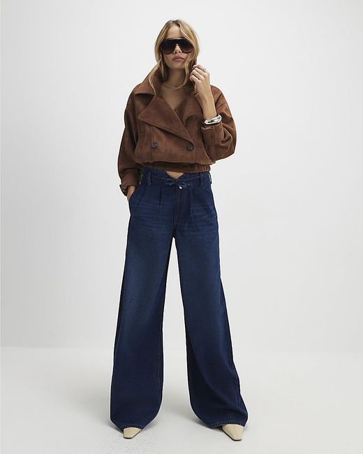River Island Blue Wide Leg Jeans High Waisted Tie Detail Cotton