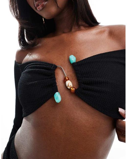 ASOS Black Co-Ord Trim Detail Bardot Crop Top