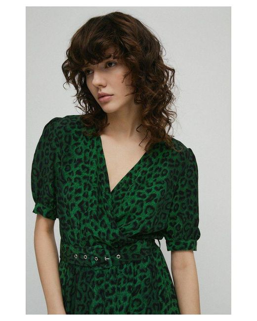 Warehouse Green Short Sleeve Wrap Midi Dress