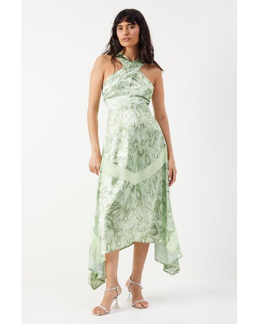 Warehouse Green Snake Print Satin Cross Front Chiffon Insert Hanky Hem Midi Dress