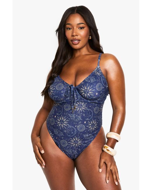 Boohoo Blue Plus Celestial Underwire Swimsuit