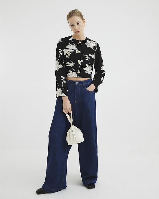 River Island Blue Jacket Floral Embroidered Collarless