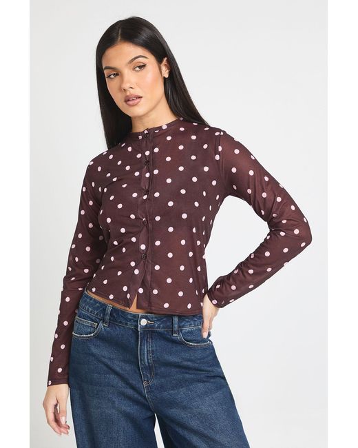 Boohoo Purple Polka Dot Print Mesh Button Through Top