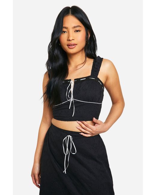 Boohoo Black Petite Broderie Contrast Bow Top