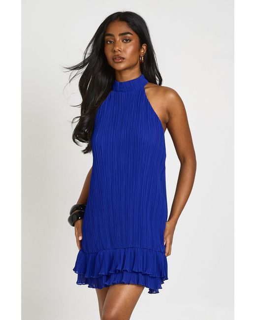Boohoo Blue Plisse Double Ruffle Mini Dress