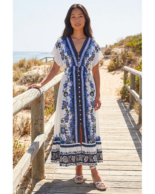 Roman Blue Petite Border Print V-Neck Midi Dress