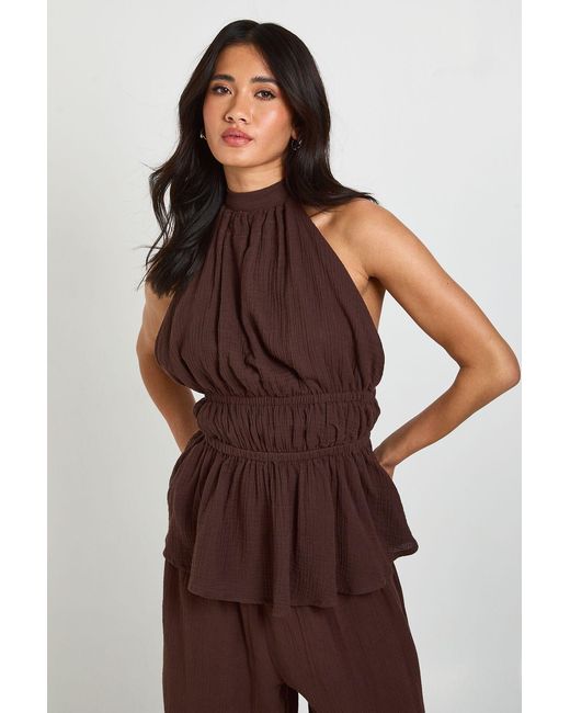 Boohoo Brown Cheesecloth Shirred Peplum Top