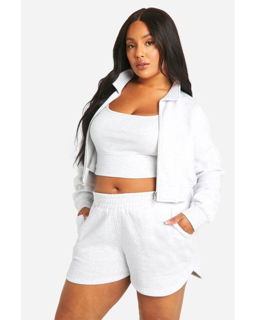 Boohoo White Plus Collared Cropped Bomber Short Tracksuit