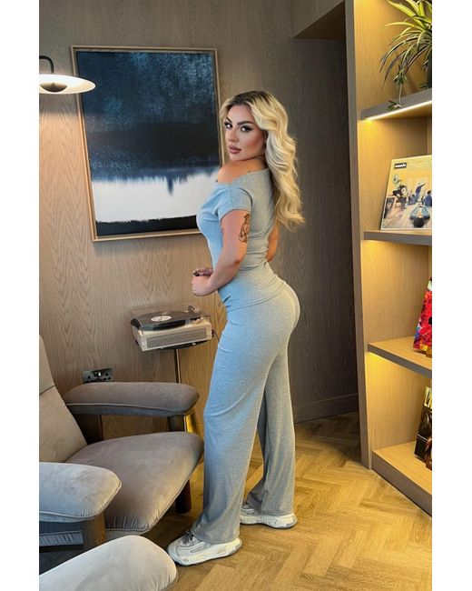 Femme Luxe Gray Ribbed Slash Neck Top With Wide Leg Trouser Loungewear Set